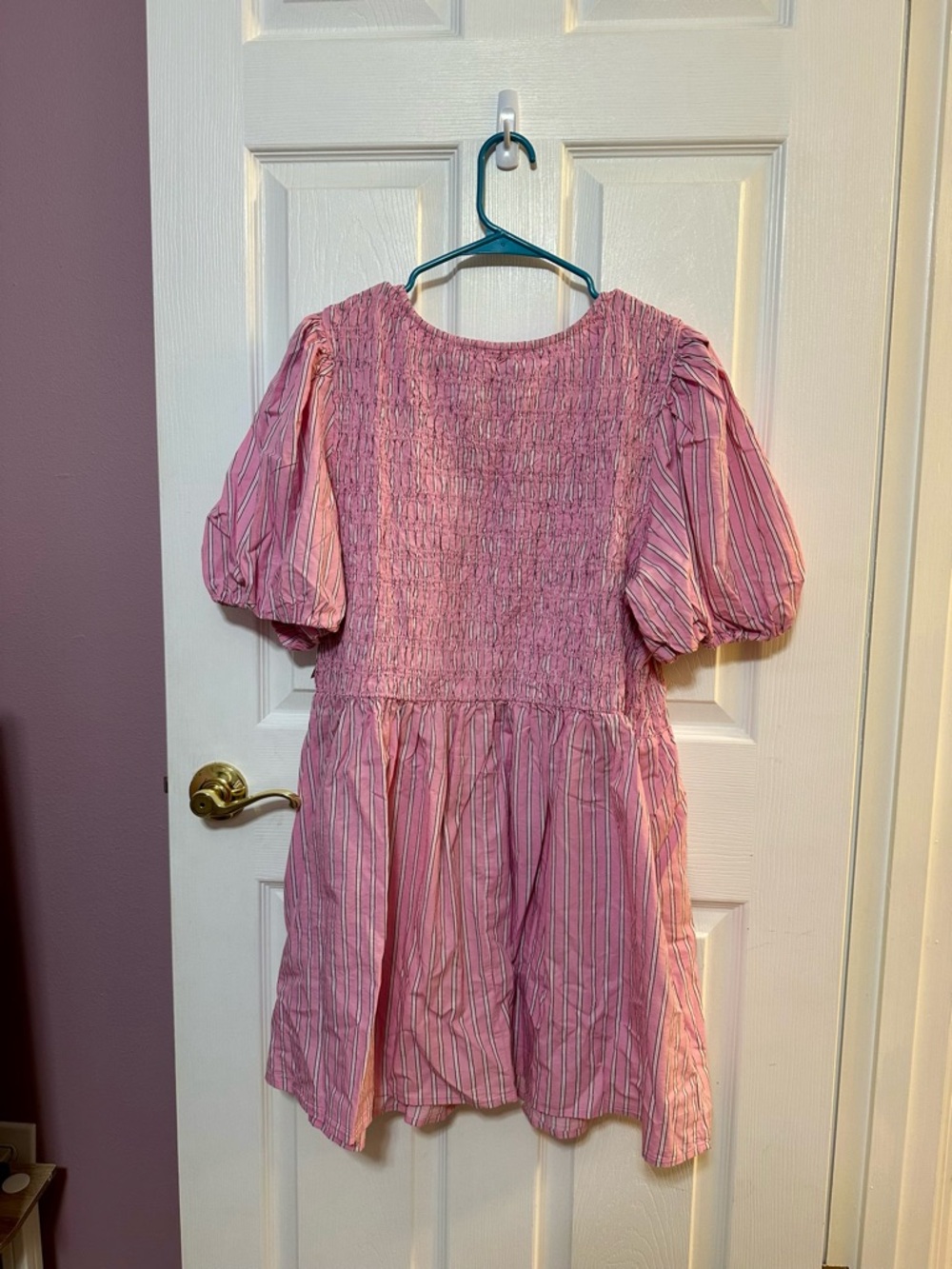 Old Navy NWT XL Petite Smocked Puff-Sleeve Flare Mini Dress in Pink Stripe - Picture 4 of 4